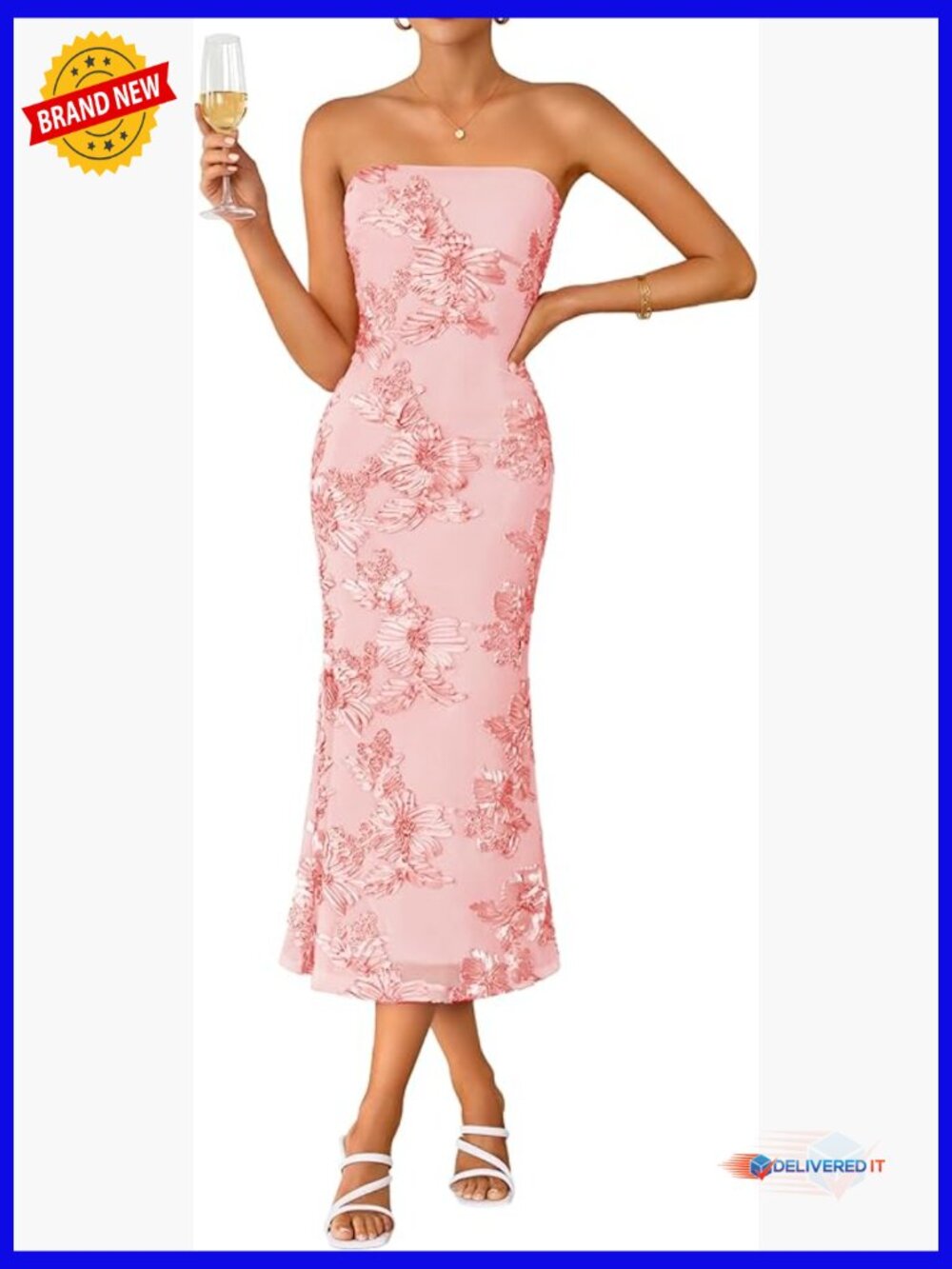Strapless Floral Bodycon Mesh Midi Dress, Wedding Cocktail Guest Dress, S-XXL